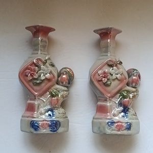 Pair of Opaque Pink Vases w Birds & Flowers